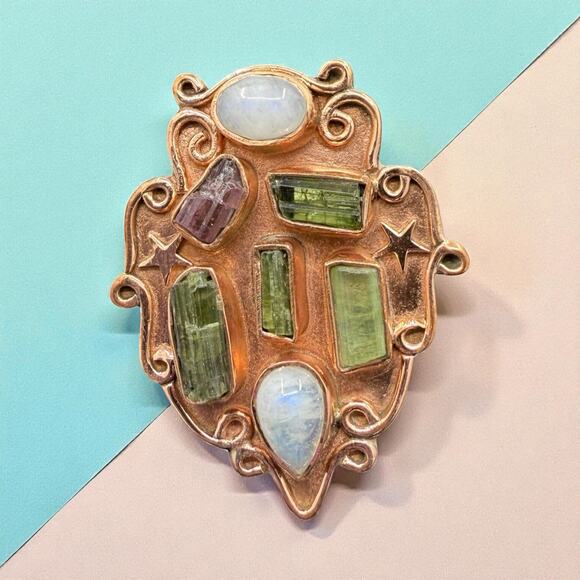Pink Green Tourmaline Moonstone Wide Band Copper Ring Sz 8.25 Handmade Artisan - Picture 1 of 5